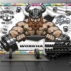 Gym Center Wallpaper Peel and Stick,Fitness Graffiti Wall Mural,Body Building Wall Decor,Dumbbell Art,Sports Mural,Weight Lifting Wallpaper
