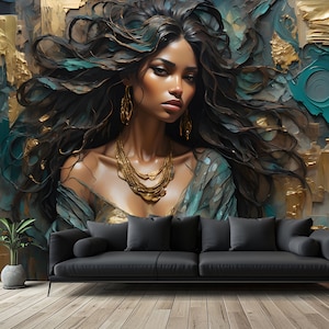 Ritratto di donna con carta da parati dipinta in oro, murale astratto con volto, murale di lusso personalizzato con moda autoadesiva, murale di bellezza