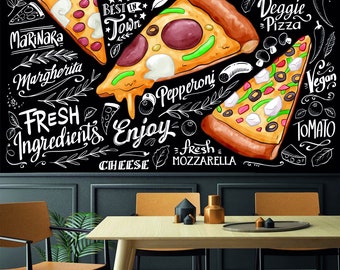 Pizza Restaurant Peel and Stick Wallpaper,Removable Chalkboard Cafe Wall Mural,Fast Food&Drink Cafeteria Wall Decor,Bakery Kitchen Poster