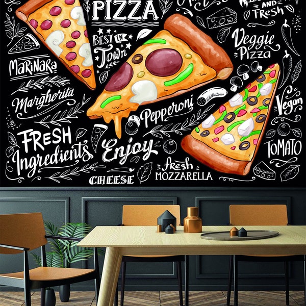 Pizza Restaurant Peel and Stick Wallpaper,Removable Chalkboard Cafe Wall Mural,Fast Food&Drink Cafeteria Wall Decor,Bakery Kitchen Poster