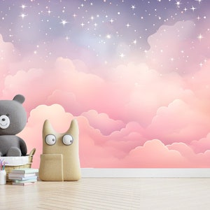 Pink Clouds Kids Wallpaper Peel and Stick,purple Sky Mural for Kids ...