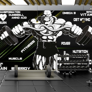 Gym Center Wallpaper Peel and Stick,Fitness Word Cloud Mural,Body Building Wall Decor,Dumbbell and Weight Lifting Wallpaper Self-adhesive