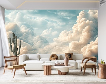 Vintage Clouds Wallpaper Peel and Stick,Serene Sky Mural,Renaissance Wall Decor,White Fluffy Cloud Landscape Wall Art,Ancient Wallpaper