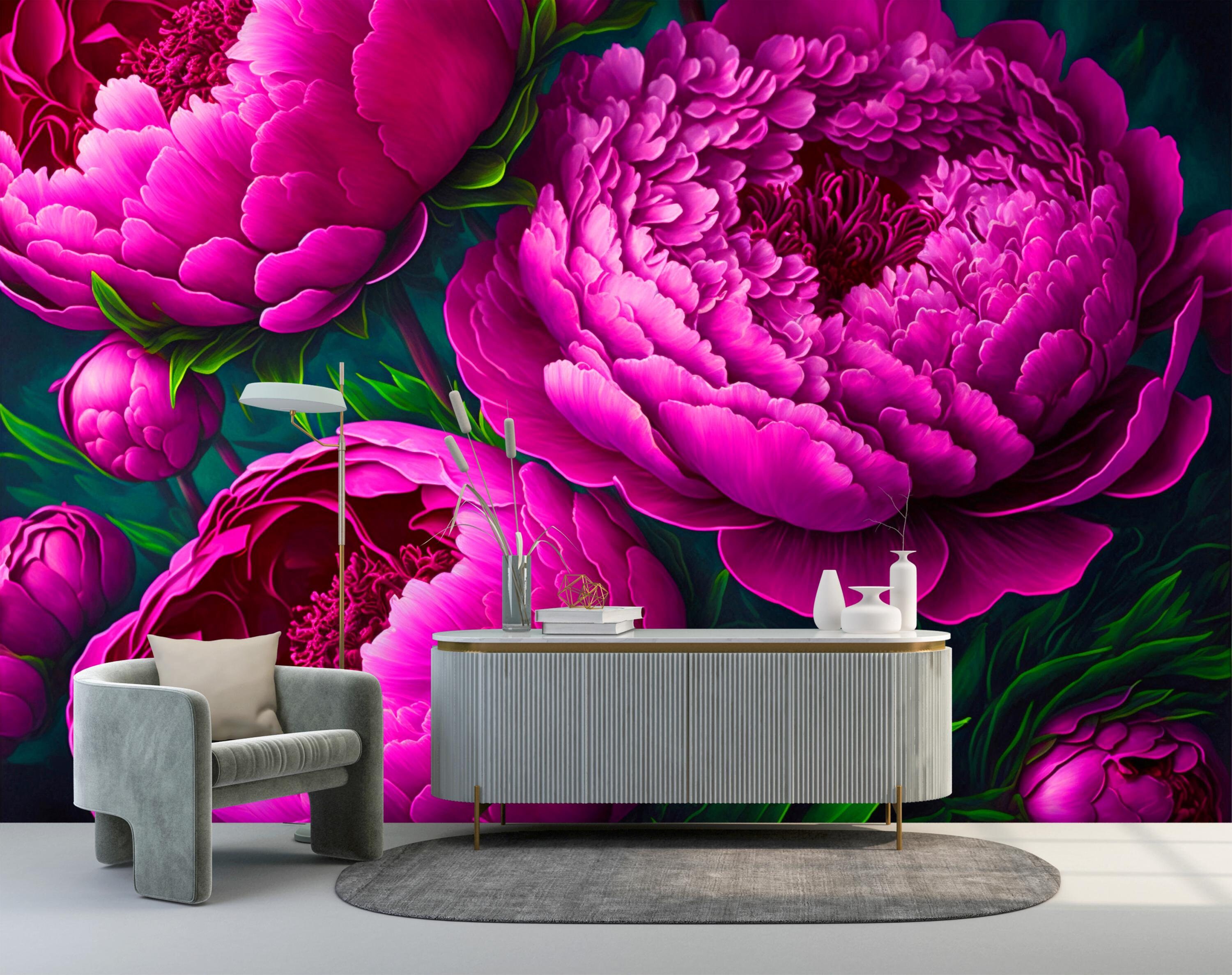 Pink Peony Wallpaper Peel and Stick,big Magenta Flowers Mural,floral ...