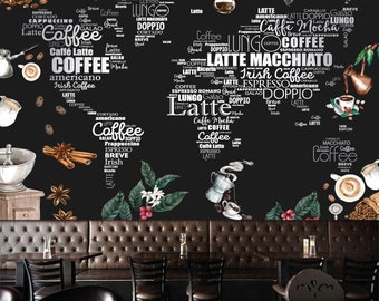 Coffee Shop World Map Peel and Stick Wallpaper,Cafe Wall Mural,Restaurant Food&Drink Wall Decor,Removable Bakery Poster,Kitchen Wall Art