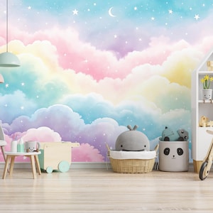 Colorful Clouds Kids Wallpaper Peel and Stick,Sky Nursery Mural,Soft Colored Baby Wall Decor,Girls Room Wall Art,Cartoon Rainbow Mural