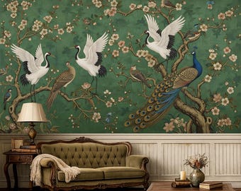Papel pintado verde de estilo chinoiserie autoadhesivo, mural de pavo real, decoración de pared con aves grulla y jardín botánico.