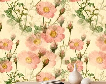 Vintage rosa Blumen Tapete zum Abziehen und Aufkleben, florales Wandbild, Tapete mit Frühlingsblumen, botanischer Wandaufkleber, Wanddekoration in sanften Farben, Geschenk für Zuhause