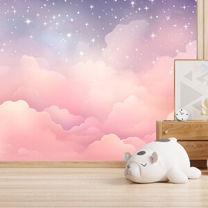 Pink Clouds Kids Wallpaper Peel and Stick,purple Sky Mural for Kids ...