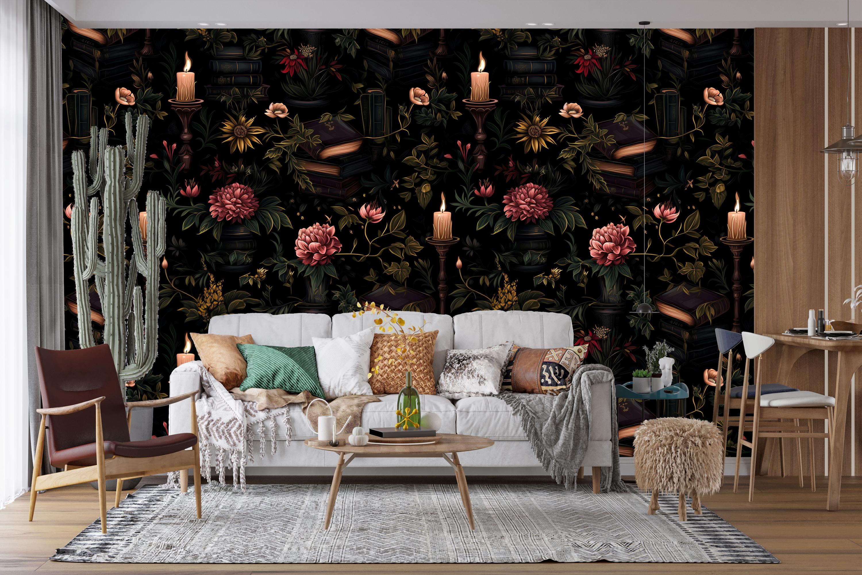 Dark Gothic Wallpaper With Candles,mystic Floral Wall Mural Peel and