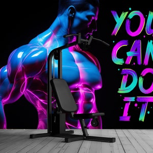 Neon Fitness Center Wallpaper Peel and Stick,Gym and Dumbbell Mural,Body Building Wall Decor,Weight Lifting Sports Wall Art Self-adhesive