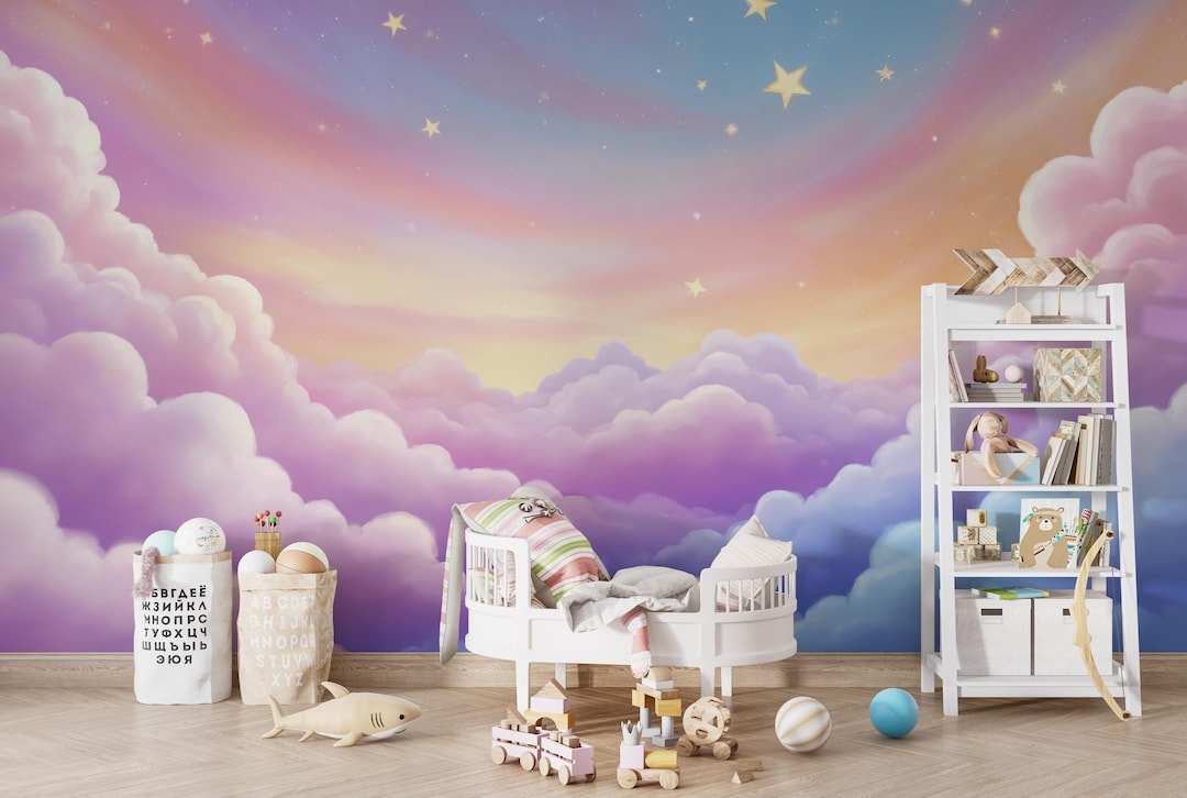 Pink Clouds Kids Wallpaper Peel and Stick,purple Sky Mural for Kids ...