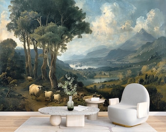 May include: A painting of a landscape with a lake, mountains, and trees. The painting is in a muted color palette of greens, blues, and browns. There are sheep in the foreground of the painting.