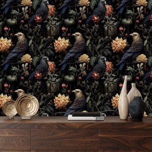 Gothic Wallpaper with Birds,Dark Floral Mural Peel and Stick,Moody Wall Decor,Botanical Night Wall Art  Self-adhesive,Flowers Wallpaper