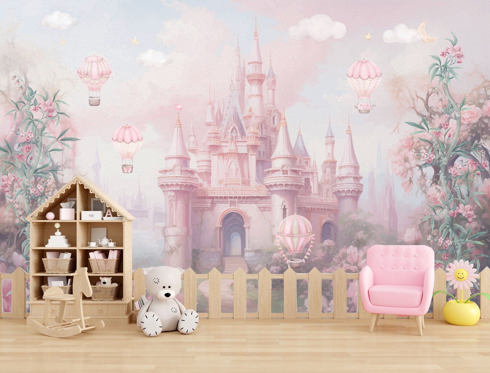 Fairy Tale Castle Kids Wallpaper Peel and Stick,pink Clouds and Flowers ...