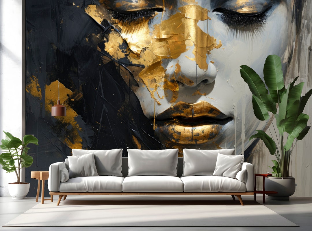 Abstract Woman Face Wallpaper Peel and Stick,modern Black Gold Mural ...