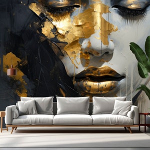 Abstraktes Frauen-Gesicht-Tapeten-Schälen und -Stick, modernes schwarzes Goldwandbild, weibliche Porträt-Wand-Kunst selbstklebend, kundenspezifische Luxusmode-Tapete