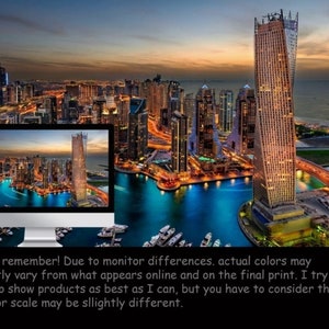 May include: An aerial view of a city skyline at dusk with a tall, modern skyscraper in the foreground. The city is lit up with lights, and there are boats in the water.