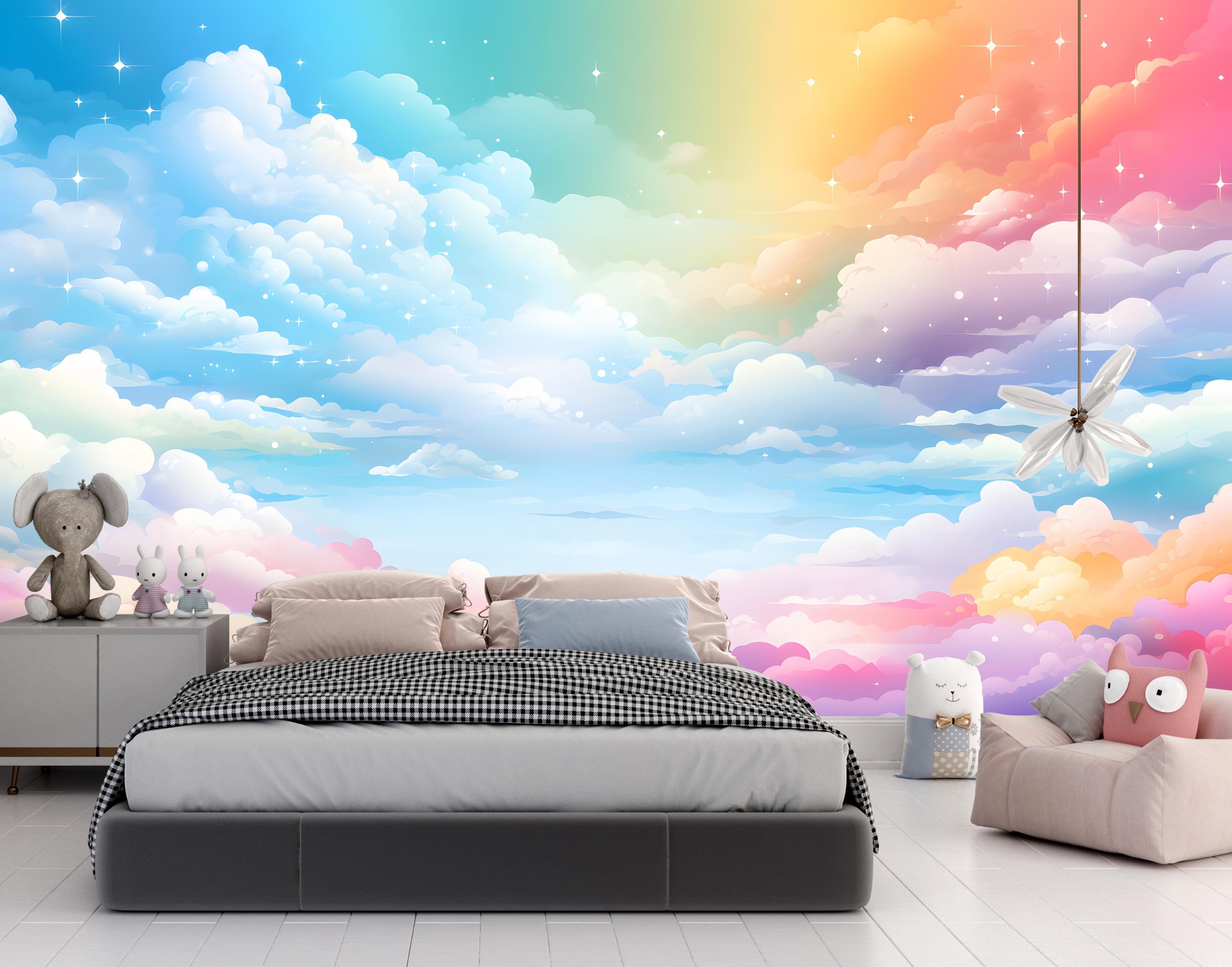 Rainbow Clouds Kids Wallpaper Peel and Stick,blue Sky Mural for Girls ...