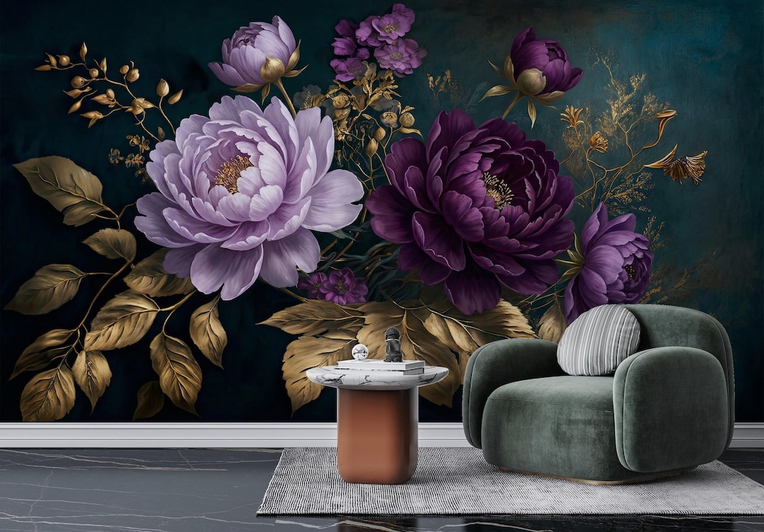 Purple Gold Peony Flowers Wallpaper Peel & Stick,abstract Big Floral ...