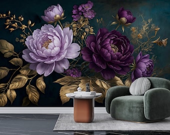 May include: A floral wall mural featuring large, detailed peony blooms in shades of purple and lavender, with gold-toned foliage against a dark teal background. A green velvet armchair and a small side table complete the scene.