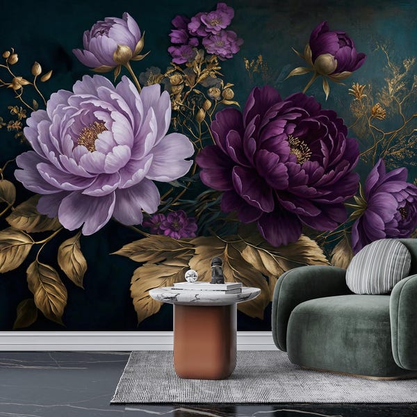 Purple Gold Peony Flowers Wallpaper Peel & Stick,Abstract Big Floral Mural,Elegant Bedroom Decor