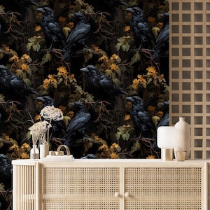 Gothic Wallpaper with Crows,Dark Floral Mural Peel and Stick,Moody Wall Decor,Night Wall Art with Corvi Self-adhesive,Flowers Wallpaper