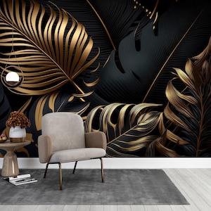 Carta da parati adesiva con foglie tropicali in oro nero, grande murale con foglie di monstera, grande decorazione murale con piante esotiche, arte murale botanica scura in tessuto non tessuto