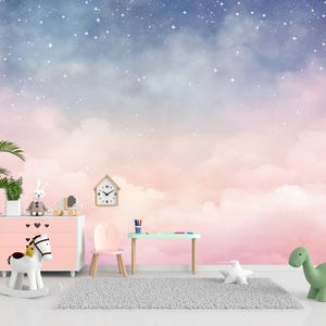 Pink Clouds Kids Wallpaper Peel and Stick,purple Sky Mural for Kids ...