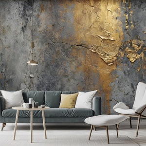 Goldene Graue strukturierte Tapete, Wandbild des schwarzen Betons, dunkle Metallwandkunst, rostiges altes Papier, kundenspezifisches antikes Wanddekor