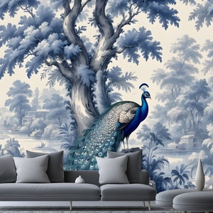 Papel tapiz de paisaje de Toile francés despegable y adhesivo, mural de pared de Toile de Jouy azul, arte de pared de pavo real chinoiserie, mural de árboles forestales monocromáticos