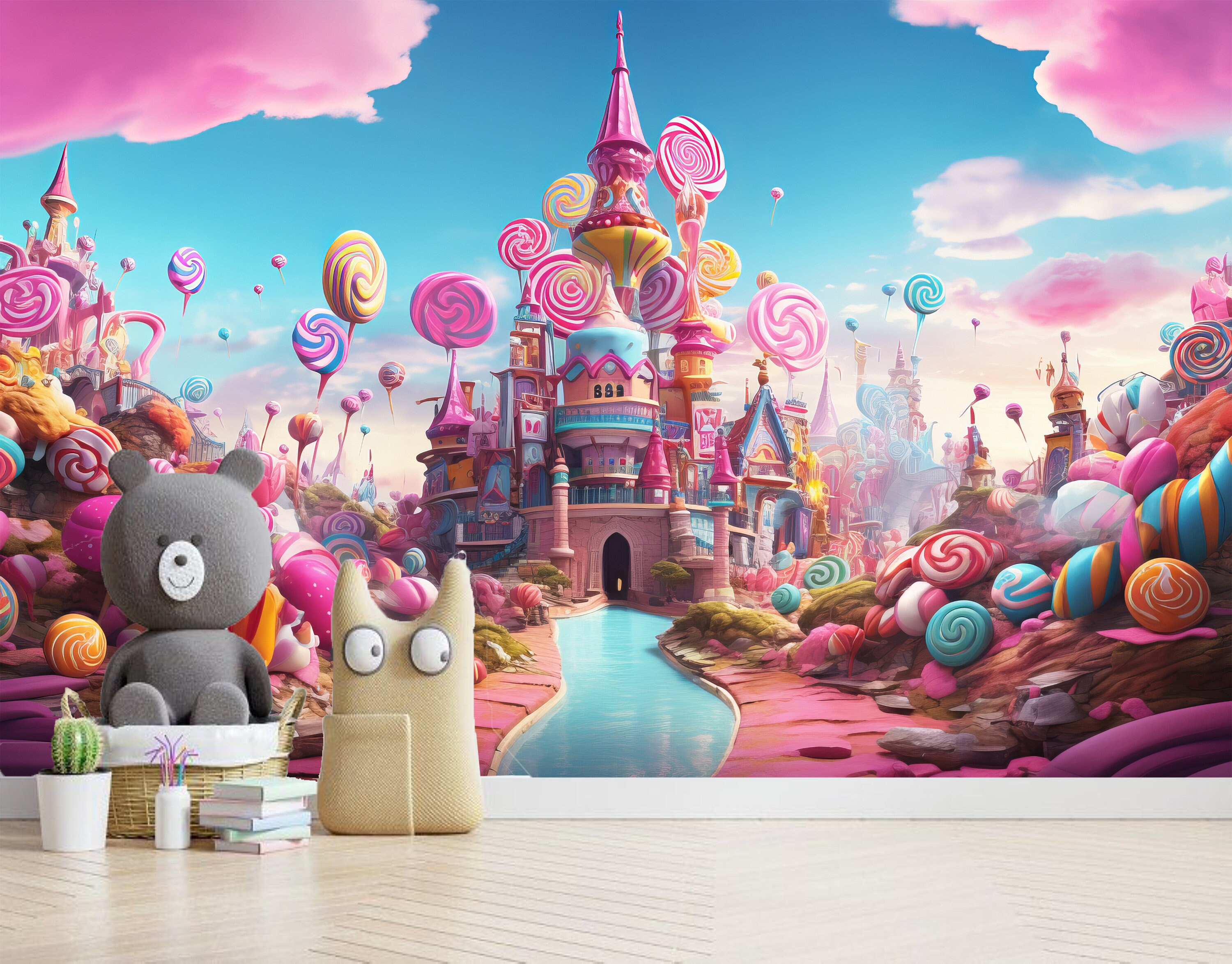 Fairytale Castle Kids Wallpaper Peel and Stick,pink Candies and Clouds ...