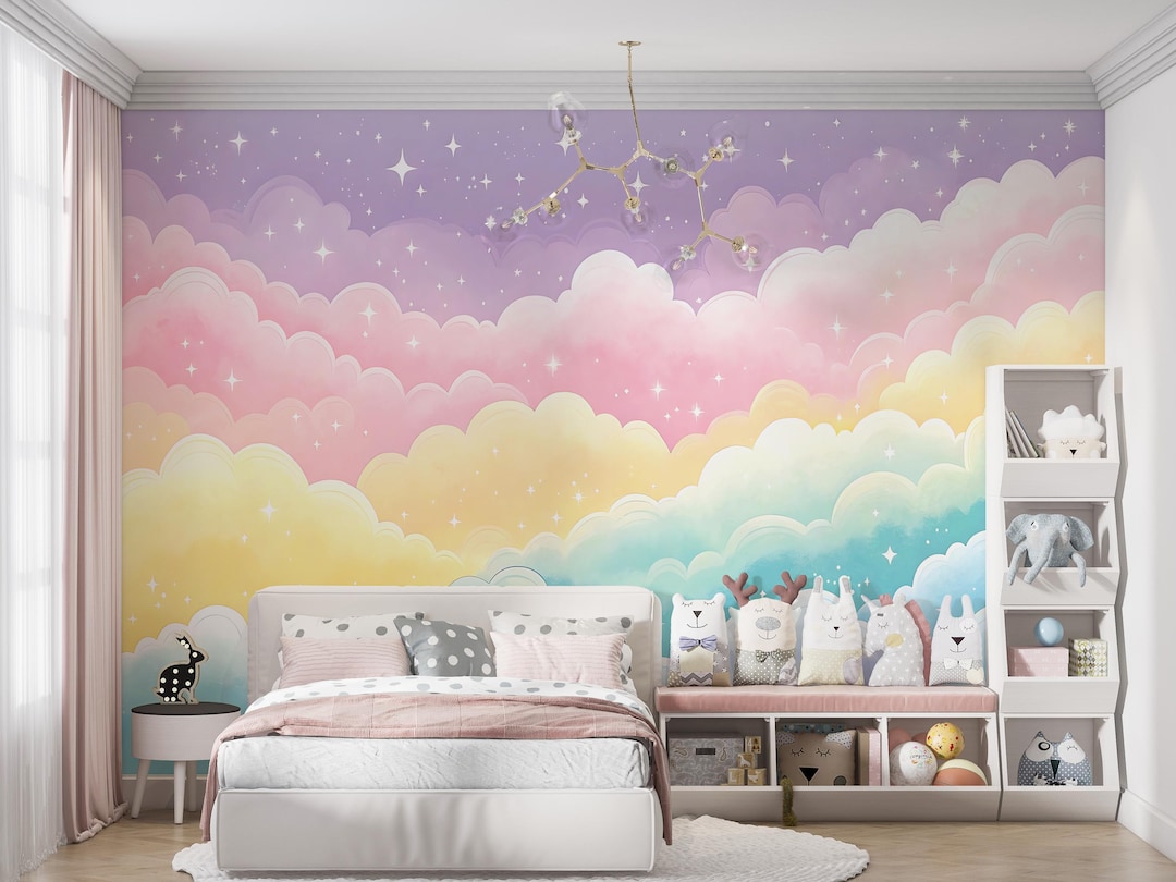 Pink Clouds Kids Wallpaper Peel and Stick,colorful Sky Nursery Mural ...
