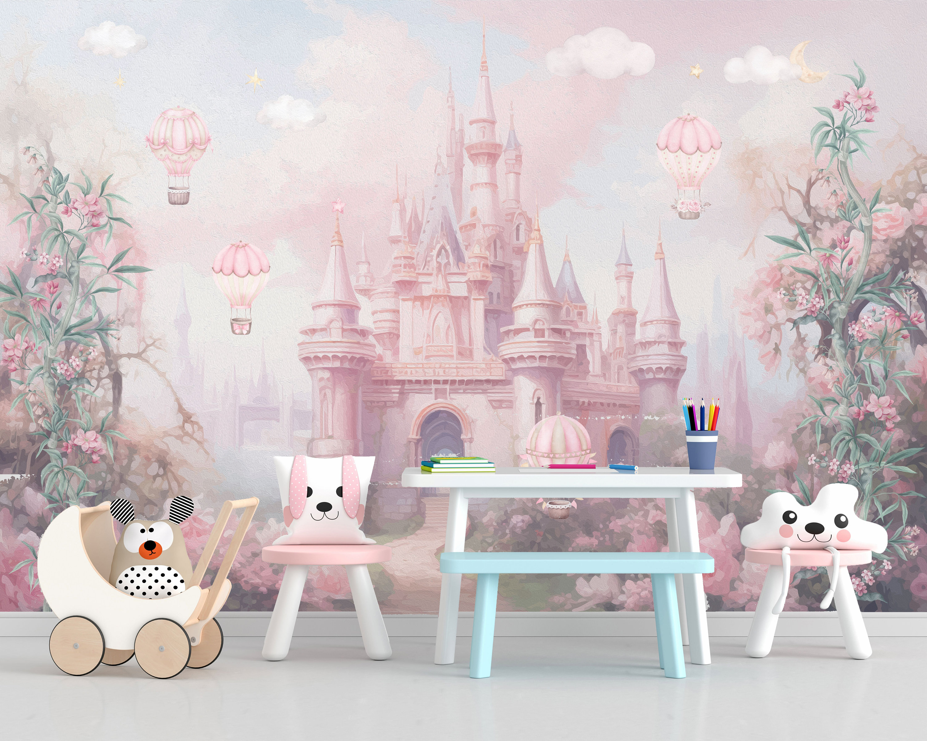Fairy Tale Castle Kids Wallpaper Peel and Stick,pink Clouds and Flowers ...