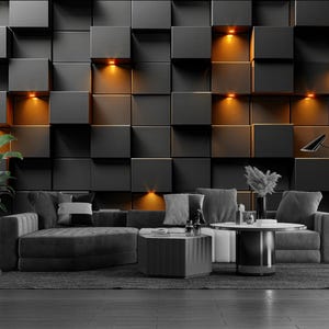 Carta da parati geometrica effetto illuminazione nera, murale cubico scuro staccabile e attaccabile, arredamento da parete per ufficio moderno, carta da parati con motivo quadrato di lusso in tessuto non tessuto