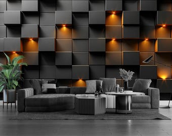 Schwarze Beleuchtungsoptik Geometrische Tapete, Dunkles Kubisches Wandbild Schälen und Aufkleben, Modernes Büro-Wanddekor, Luxuriöse Quadratische Muster-Tapete Vlies