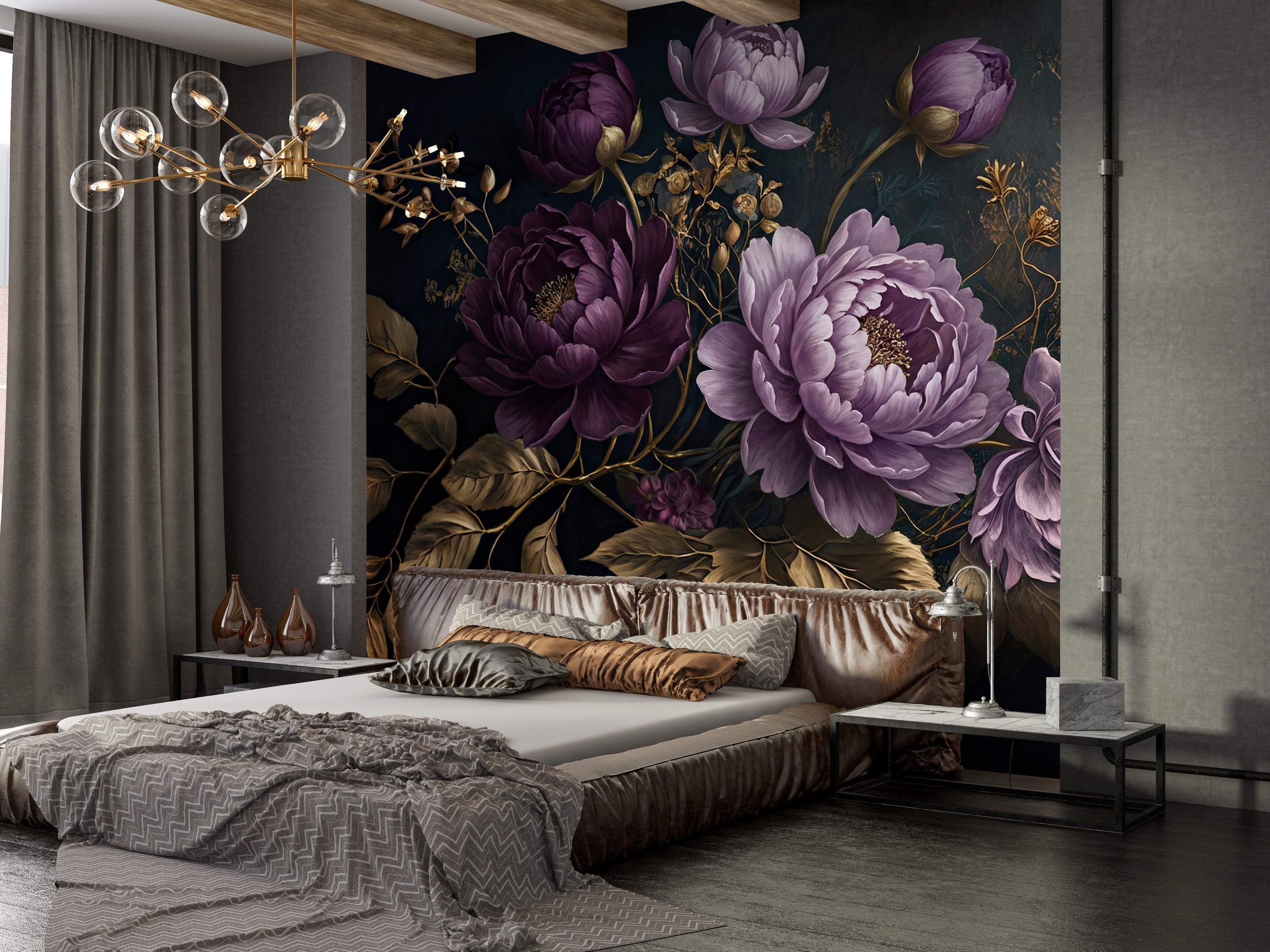 Purple Gold Peony Flowers Wallpaper Peel & Stick,abstract Big Floral ...