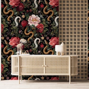 Serents Wallpaper,Snakes and Flowers Mural Peel and Stick,Dark Gothic Wall Decor,Botanical Mural on Black Background,Forest Plants Wall Art