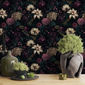 Dark Floral Gothic Wallpaper,Mystic Flowers Wall Mural Peel and Stick,Black Botanical Wall Decor,Witchcraft Night Art for Bedroom,Lily Mural