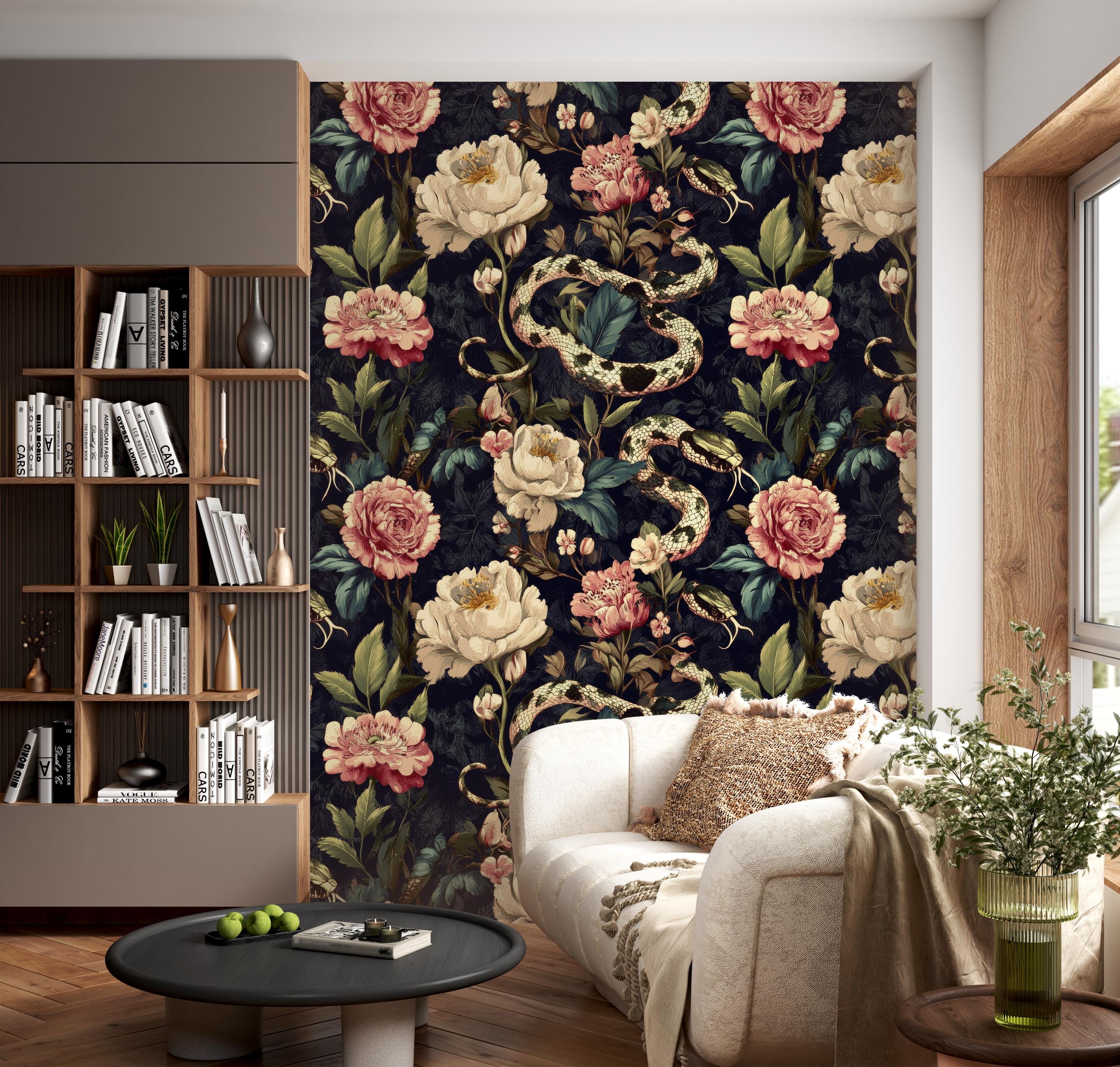 Black Gothic Wallpaper With Snakes,dark Floral Mural Peel and Stick ...