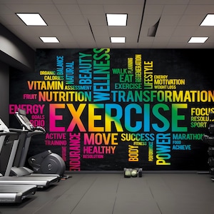 May include: A black chalkboard wall with colorful text that reads "EXERCISE" in large letters. The text is surrounded by other words related to fitness, health, and wellness, such as "nutrition", "transformation", "energy", "goals", "active", "training", "move", "success", "healthy", "resolution", "focus", "marathon", "achieve", "power", "body", "fitness", "performance", "regeneration", "lifestyle", "motivation", "weight loss", "walk", "planning", "eat", "fruit", "vitamin", "assessment", "balance", "beauty", "natural", "organic", "calories", "important", "endurance", "rdio", "sport", "resolution".
