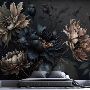 Dark Floral Wallpaper on Black Background,Abstract Big Flowers Mural,Elegant Bedroom Wall Decor,Black Mural,Botanical Living Room Mural
