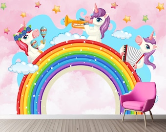 Papel pintado para niños con bonitos unicornios, despegar y pegar, mural de nubes rosas para habitación de niños, decoración de pared extraíble de arco iris y estrellas para habitación de niñas