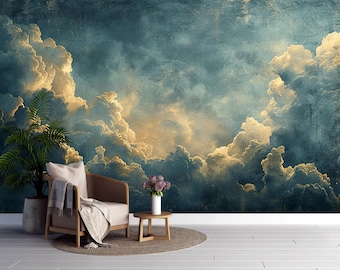 Vintage Blue Clouds Wallpaper Peel and Stick,Serene Sky Mural,Renaissance Wall Decor,White Fluffy Cloud Landscape Wall Art,Ancient Wallpaper