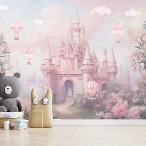 Fairy Tale Castle Kids Wallpaper Peel and Stick,pink Clouds and Flowers ...