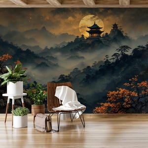 Chinoiserie Pagoda Wallpaper Peel and Stick,Cherry Blossoms Vintage Japanese Scene Mural,Chinese Landscape Wall Decor,Rustic Scene Wall Art