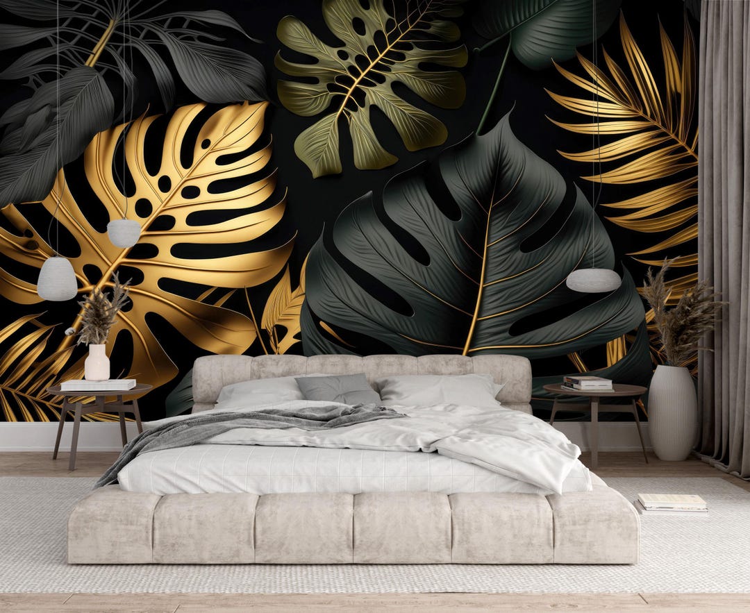 Black Gold Tropical Leaves Peel and Stick Wallpaper,big Monstera Mural ...
