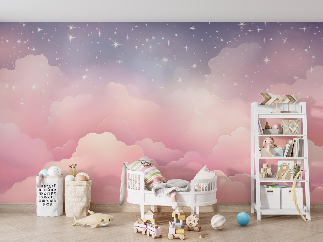 Pink Clouds Kids Wallpaper Peel and Stick,purple Sky Mural for Kids ...