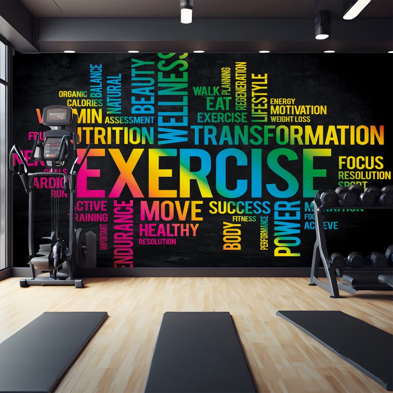 May include: A black chalkboard wall with colorful text that reads "EXERCISE" in large letters. The text is surrounded by other words related to fitness, such as "walk", "eat", "success", "healthy", "active", and "resolution".