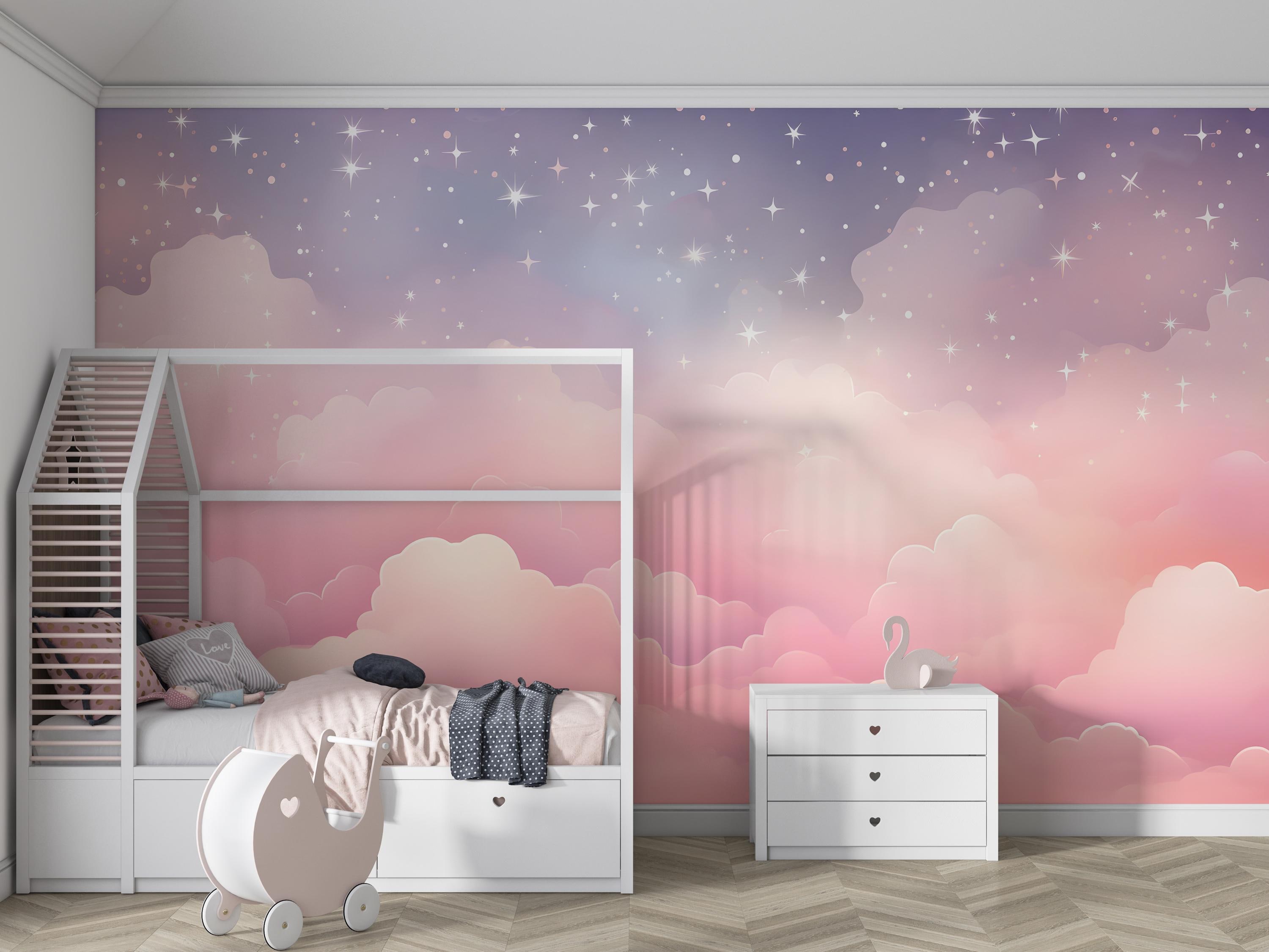 Pink Clouds Kids Wallpaper Peel and Stick,purple Sky Mural for Kids ...